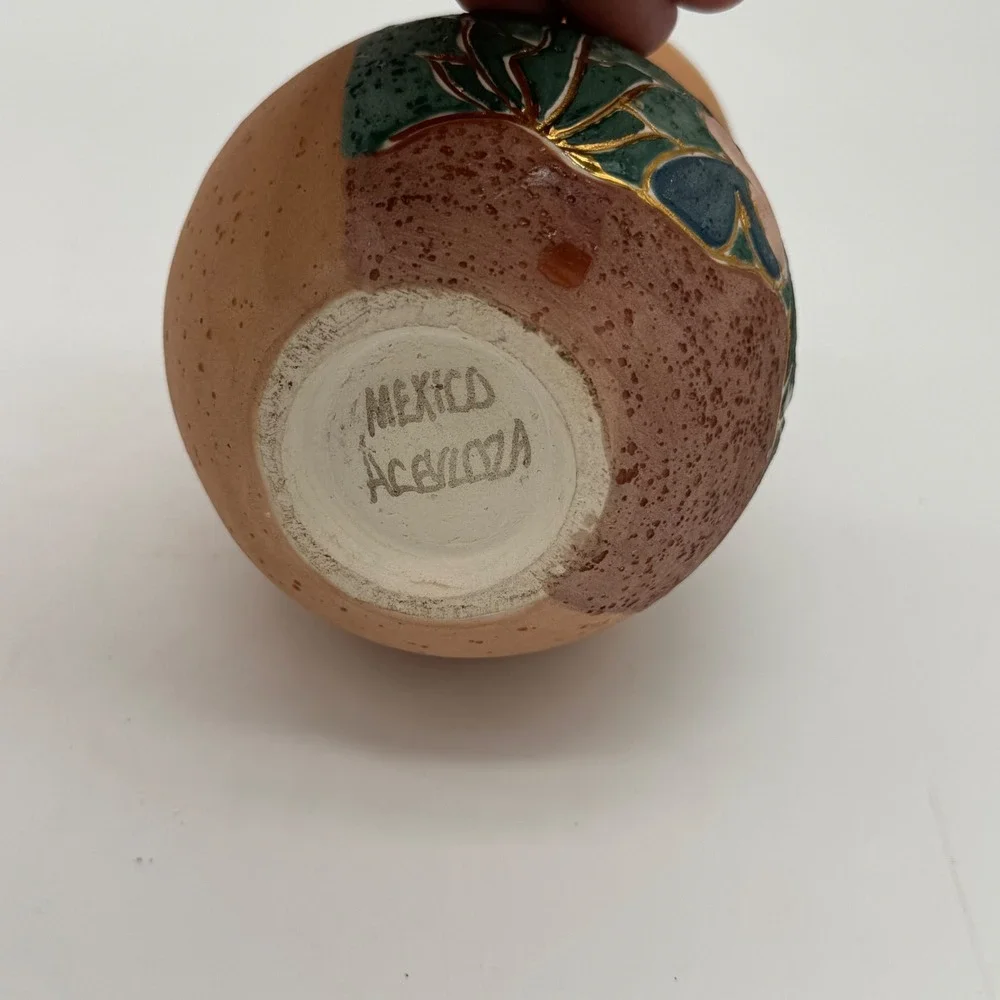 Vintage ACEVLOZA Mexican Pottery Vase Hand Painted Siesta Cactus Gold Trim 5x4